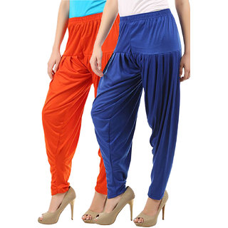 Women's Cotton Viscose Lycra Dhoti Patiyala Salwar Harem Bottoms Pants Orange Royal Blue Combo Pack of 2