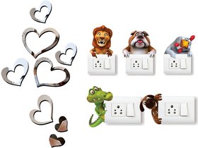 EJA Art Love heart 2 set silver Acrylic  Wall Sticker With Free Animals Switch Board Sticker