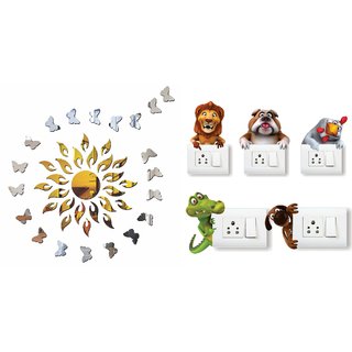                       EJA Art Sun Golden With Silver Butterfly Acrylic  Wall Sticker With Free Animals Switch Board Sticker                                              