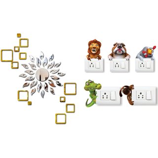                      EJA Art sun Silver With Square 2 set Golden Acrylic  Wall Sticker With Free Animals Switch Board Sticker                                              