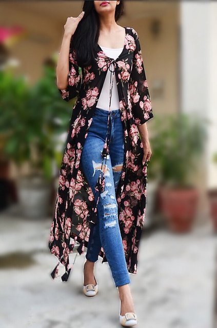 stylish long shrug with jeans