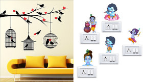 Eja Art PVC Love Birds With Free Hearts Krishna Switch board Sticker Large Wall Sticker, Pack of 1 (Multicolor)