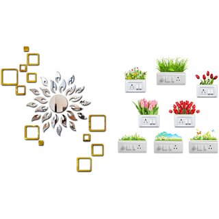                       EJA Art sun Silver With Square 2 set Golden Acrylic  Wall Sticker With Free Flowers Switch Board Sticker                                              