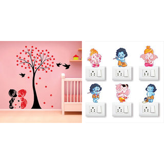                       EJA Art Acacia Tree cute couple kids Wall Sticker With Free Ganesh and Friends Switch Board Sticker                                              