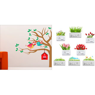                       EJA Art Love Bird with Hut Wall Sticker With Free Flowers Switch Board Sticker                                              