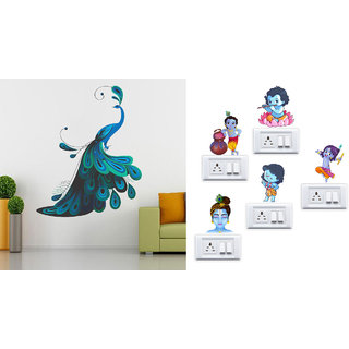                      EJA Art Modern Peacock Wall Sticker With Free Krishna Switch Board Sticker                                              