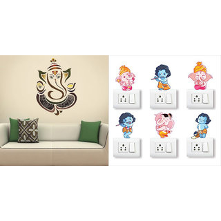                       EJA Art Royal Ganesh Wall Sticker With Free Ganesh and Friends Switch Board Sticker                                              