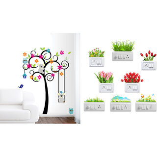                       EJA Art cute tree with flower and animals Multicolor Wall Sticker With Free Flowers Switch Board Sticker                                              