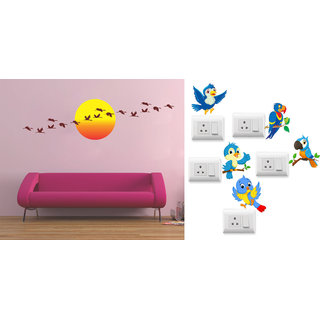                       Eja Art Sunrise with Flying Bird Wall Sticker With Free Twitter bird Multicolor PVC Switch Board Sticker                                              