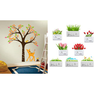 EJA Art elegant orange deer and tree Wall Sticker With Free Flowers Switch Board Sticker