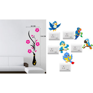                       EJA Art Flower Vase Magenta Wall Sticker With Free Twitter bird Switch Board Sticker                                              