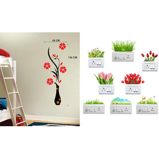                       EJA Art Flower Vase Red Wall Sticker With Free Flowers Switch Board Sticker                                              
