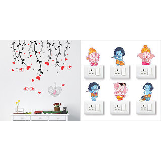                       EJA Art Heart Sparrow Tree Wall Sticker With Free Ganesh and Friends Switch Board Sticker                                              