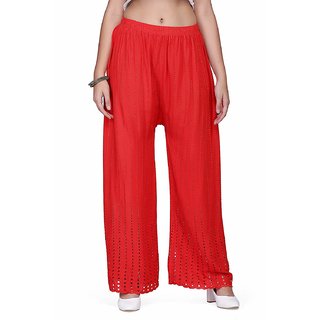                       Uner Women's red  Chicken Art Work Embroidred Cotton Rayan Chikan Palazzo(red colour)                                              