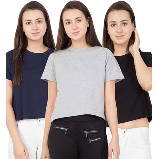 Haoser Set of 3 Solid Cotton Stylish Crop Top for Women (Black, Navy Blue, Light Grey)