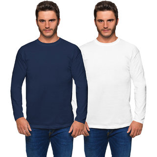                       Haoser Solid Cotton Round Neck Full Sleeves Mens T Shirts (Pack of 2 T Shirt for Men White and Blue)                                              