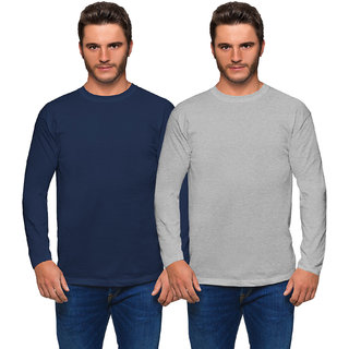 Haoser Men's Slim Fit Cotton full Sleeves Navy Blue and Grey T- Shirts Pack of 2