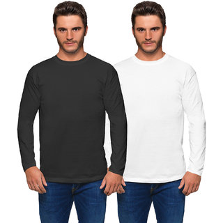                       Haoser Solid Round Neck Cotton Full Sleeves T-Shirt for Men (Pack of 2 Full Sleeve T Shirts White,Black)                                              