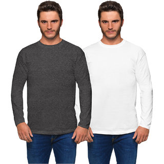                       Haoser Men's Set of Solid White & Dark Grey  Round Neck Full Sleeves cotton t shirts for mens T-Shirts (cotton t shirts mens Pack of 2)                                              