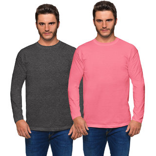 Haoser Men's Dark Grey and Orange Colour Slim Fit Round Neck FUll Sleeves Cotton Solid T-Shirt Pack of 2