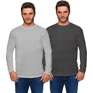 Haoser Men's LightGrey and Dark Grey Colour Round Neck Full Sleeves Slim Fit  Cotton Solid T-Shirt Pack of 2