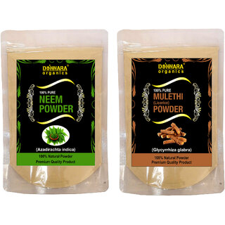 Donnara Organics 100% Natural Neem Powder and Mulethi(Licorice) powder Combo pack of 2 of 150 gms(300 gms)