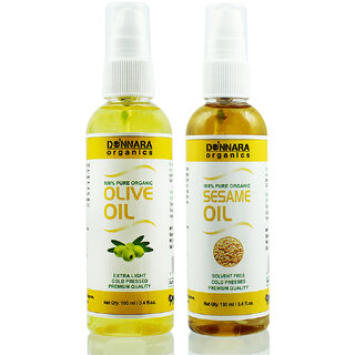 Donnara Organics 100% Pure Olive oil and Sesame oil Combo of 2 Bottles of 100 ml(200 ml) Donnara Organics 100% Pure Olive oil and Sesame oil Combo of 2 Bottles of 100 ml(200 ml)