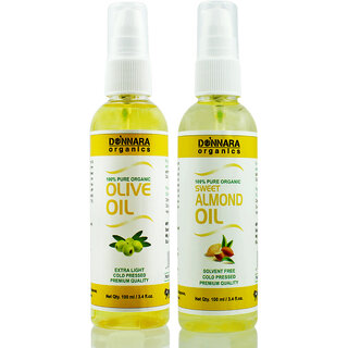                       Donnara Organics 100% Pure Olive oil and Sweet Almond oil Combo of 2 Bottles of 100 ml(200 ml)                                              