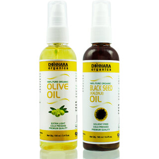                      Donnara Organics 100% Pure Olive oil and Black seed(Kalonji) oil Combo of 2 Bottles of 100 ml(200 ml)                                              