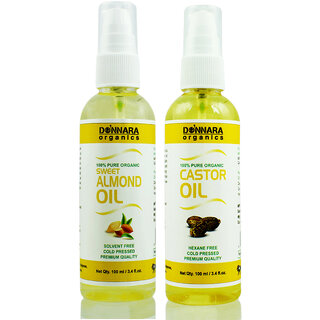Donnara Organics 100% Pure Castor oil and Sweet Almond oil Combo of 2 Bottles of 100 ml(200 ml) Donnara Organics 100% Pure Castor oil and Sweet Almond oil Combo of 2 Bottles of 100 ml(200 ml)