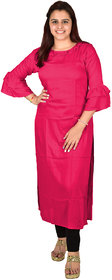 Rayon Long Kurti Pink Bell Sleeves Frill Neck