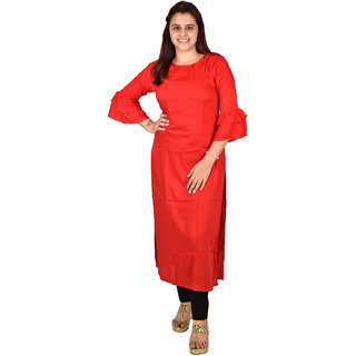 Rayon Long Kurti Red Bell Sleeves Frill Neck