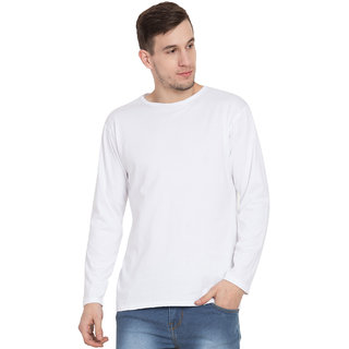                       Cliths White Full Sleeves Tshirt For Men, Pure Cotton Solid Round Neck Tshirts For Mens                                              