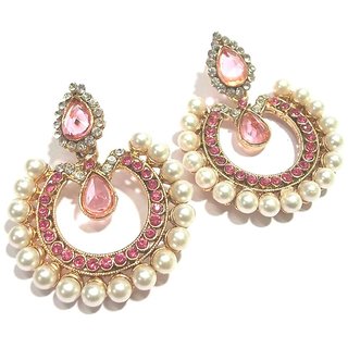                       Pink Tilak Stone Pearl Polki Earrings                                              