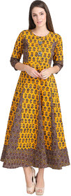 Desi Kala Women's Kalidar Mustard Cotton Maxi Dress with Designer Buttons and belt (Desi_Kala_25_XS)