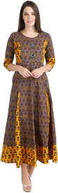 Desi Kala Women's Kalidar Brown Cotton Maxi Dress with Designer Buttons and belt (Desi_Kala_26_XS)