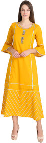 Desi Kala Women's Solid Cotton Mustard Gota Dress with Bell Sleeves (Desi_Kala_28_XS)