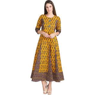                       Desi Kala Women's Kalidar Mustard Cotton Maxi Dress with Designer Buttons and belt (Desi_Kala_25_XS)                                              