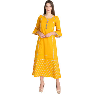                       Desi Kala Women's Solid Cotton Mustard Gota Dress with Bell Sleeves (Desi_Kala_28_XS)                                              