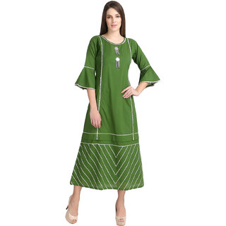                       Desi Kala Women's Solid Cotton Green Gota Dress with Bell Sleeves (Desi_Kala_29_XS)                                              