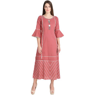                       Desi Kala Women's Solid  Cotton Dark Peach  Gota Dress with Bell Sleeves (Desi_Kala_30_XS)                                              