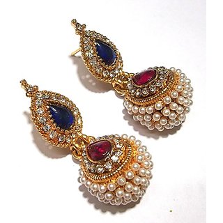                       Pink And Blue Pearl Jhumka Earring                                              