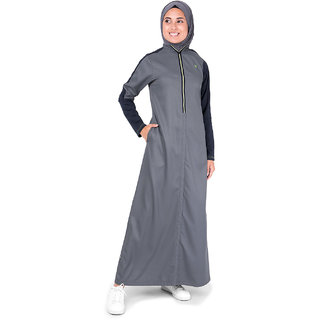                       SILK ROUTE London Grey and Navy Raised Neck Zipper Polyester Sporty Abaya Maxi Dress Jilbab For Women Height 5'2 inch, Jilbab Length 54 inch                                              
