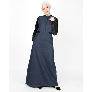                      SILK ROUTE London Blue Denim Contrast Sleeve Urban Abaya Maxi Dress Jilbab For Women Height 5'4 inch, Jilbab Length 56 inch                                              