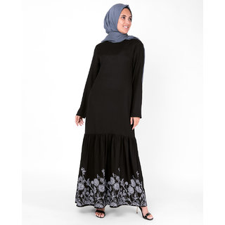                       SILK ROUTE London Black Floral Print Gathered Viscose Abaya Maxi Dress Jilbab For Women Height 5'2 inch, Jilbab Length 54 inch                                              