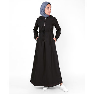                       SILK ROUTE London Baseball Collar Drawstring Black Polyester Abaya Maxi Dress Jilbab For Women Height 5'4 inch, Jilbab Length 56 inch                                              