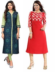 Fabclub Women's Crepe A-Line Printed Kurti (Pack Of 2) (Multi Color)