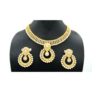                       Two Line Stone Pearl Polki Necklace Set                                              
