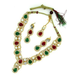                       Maroon Green Tilak Stone Necklace Set                                              