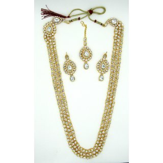                       White Stone Three Line Long Bridal Necklace Set                                              